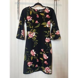 Olivia Matthews Black & Pink Floral Bell Sleeve Mini Sheath Dress Size S